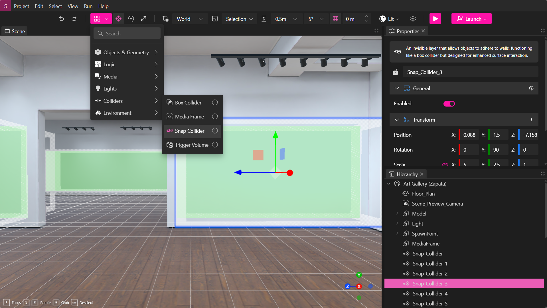 Elemento de Snap Collider en Creator